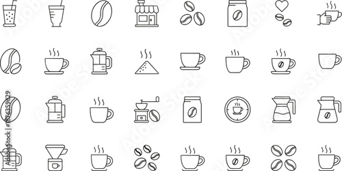 Coffee icons set, espresso machine, beans, cups, cold brew, grinder, café symbols, barista tools, coffee culture illustrations