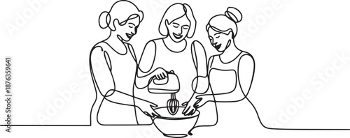 Single one line drawing happy family grandmother mother-in-law and daughter-in-law daughter knead cake dough using manual hand mixer. one line Icon drawing