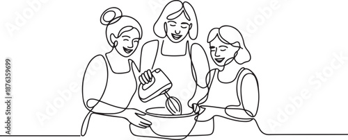 Single one line drawing happy family grandmother mother-in-law and daughter-in-law daughter knead cake dough using manual hand mixer. one line Icon drawing