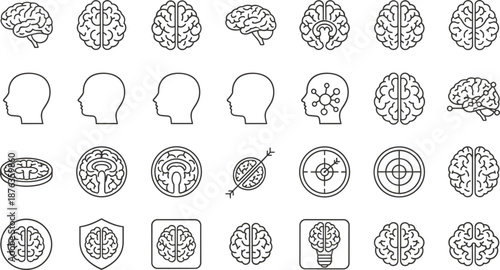 Human brain icons set, neuroscience symbols, cognitive science illustrations, mental health graphics, artificial intelligence, psychology concepts