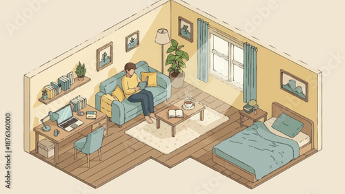 Isometric illustration of a cozy studio apartment with a couple relaxing on the sofa.
