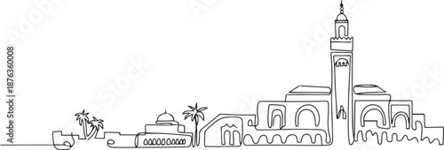 One continuous line drawing of Casablanca city skyline, Morocco. Beautiful landmark wall decor poster. World landscape tourism and travel vacation. one line Icon drawing