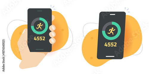 Fitness health tracker app icon on mobile cell phone vector, steps sport activity counter on cellphone smartphone screen, walking wellness lifestyle pedometer, running progress technology concept set