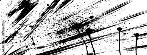 Aggressive black paint brush strokes ink splatters and drips on white distressed grunge background vector texture