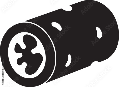 Black and white image of a cylindrical object with a cross shaped hole