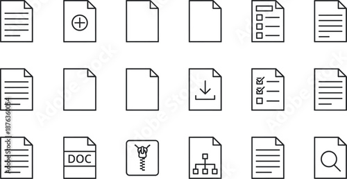 Minimal line document icons set, file management symbols, upload download checklist search interface elements, modern vector illustration