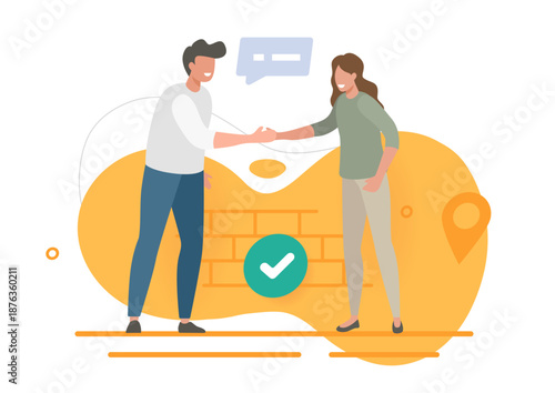 Handshake man woman as success business agreement deal vector modern flat graphic illustration design, cooperation partnership concept, hiring greeting hand shake, character meeting negotiation

