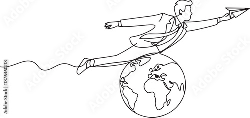 Single one line drawing young smart business man flying with paper airplane around the world. Business trip metaphor concept. one line Icon drawing