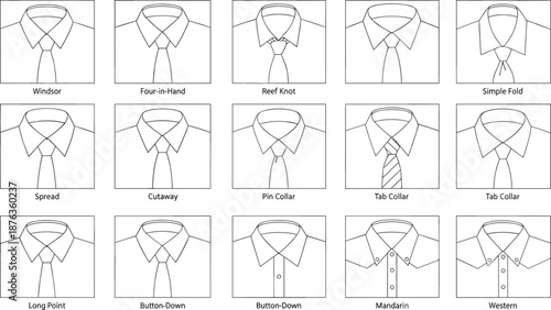 Shirt collar styles and necktie knots illustration, fashion guide for men’s formal wear, vector design reference chart