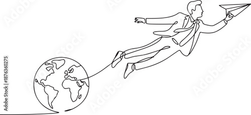Single one line drawing young smart business man flying with paper airplane around the world. Business trip metaphor concept. one line Icon drawing