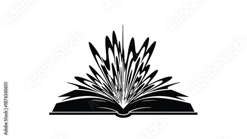 Open book with pages exploding outwards in a burst of energy and ideas.