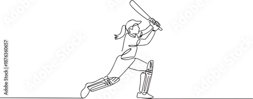 One continuous line drawing of young happy woman cricket player focus to hit the ball at field vector illustration. Competitive sport concept. one line Icon drawing