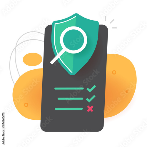 Security shield audit search checklist icon on mobile cell phone, virus fraud risk scan check test on smartphone modern vector illustration, internet safety protection software, cybersecurity defense