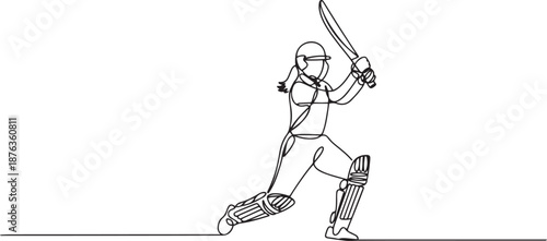 One continuous line drawing of young happy woman cricket player focus to hit the ball at field vector illustration. Competitive sport concept. one line Icon drawing