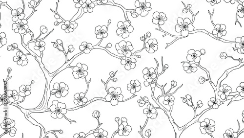 Seamless monoline pattern of plum blossoms and curved branches in continuous line style