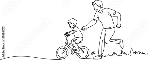 Single continuous line drawing of young son learning ride bicycle with father at outdoor park. Parenthood lesson. Family time concept. one line Icon drawing