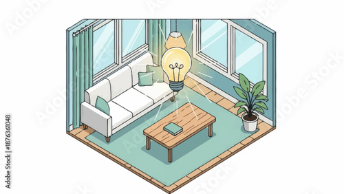 Isometric illustration of a modern living room interior with sofa and coffee table.
