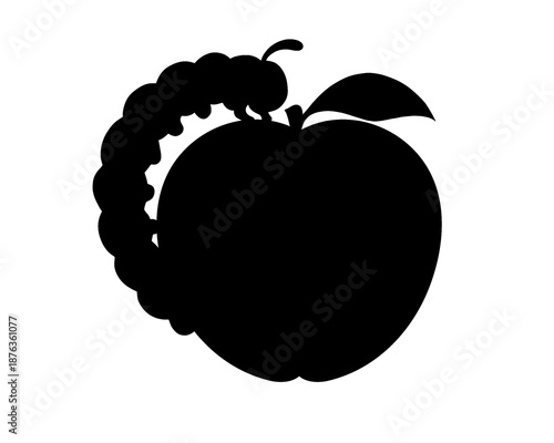 black silhouette of a caterpillar eating an apple