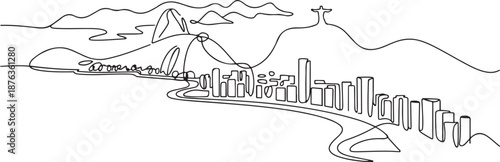 One single line drawing of Rio de Janeiro city skyline, Brazil. World historical town landscape. Best holiday destination home wall decor poster. one line Icon drawing