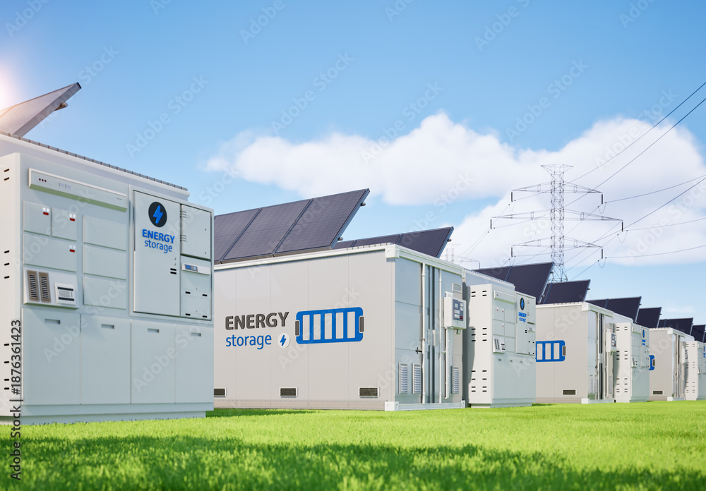 Obraz premium Group of energy storage systems or battery container units with various sources of energy
