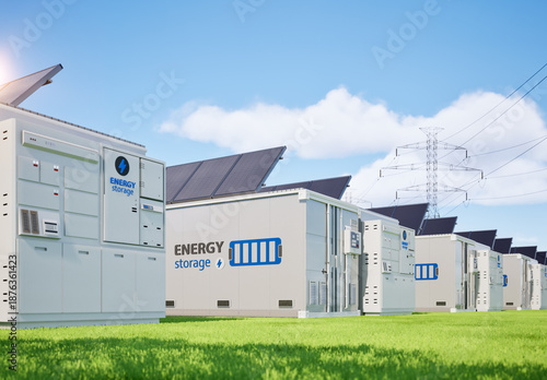 Group of energy storage systems or battery container units with various sources of energy © phonlamaiphoto
