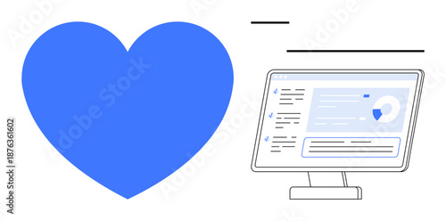 Digital health, online security, data privacy, medical technology, wellness, health tracking. Large blue heart next to a computer screen with interface elements. Digital health and online security