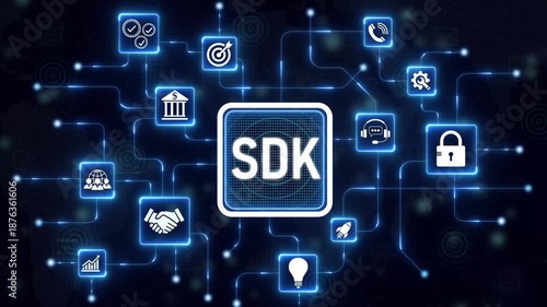 SDK Software Development Kit Enabling Application Development, projection on a virtual screen, Business and Technology Concept. 4k motion isolated on technology background.
