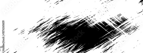 Abstract black and white grunge overlay texture with rough diagonal scratch brush strokes and distressed ink splatter effect