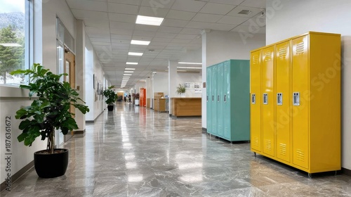 School Corridor Scene: A long, bright corridor in a school, with vibrant lockers and a row of doors, suggesting a space of learning and community.