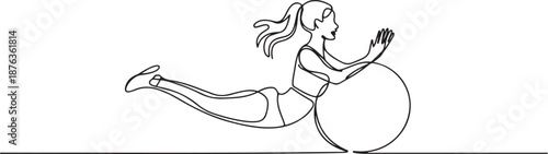 One single line drawing young energetic woman exercise sit up with fitness ball in gym fitness center graphic vector illustration. Healthy lifestyle sport concept. one line Icon drawing