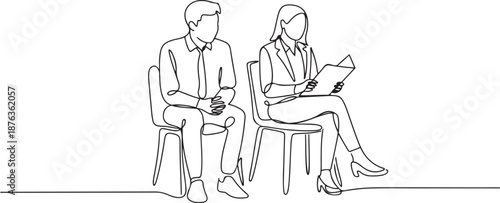 One continuous line drawing of young male and female interviewee sitting on chair waiting for their turn to be interviewed. Job applicant process concept. one line Icon drawing