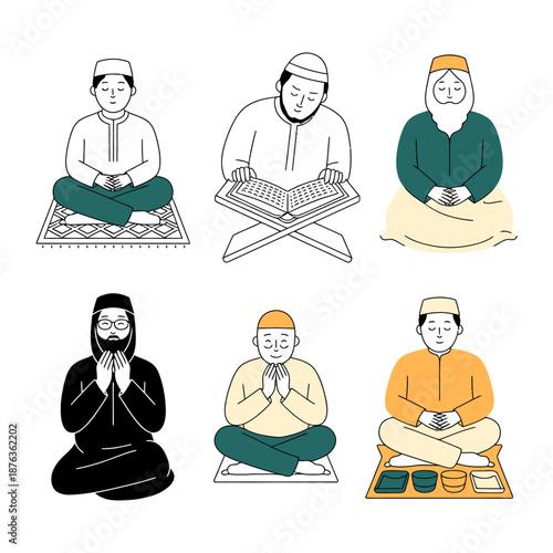 Devotion and Reflection: A collection of illustrations depicting various individuals immersed in the act of prayer and spiritual reflection. They each embody reverence, tranquility.