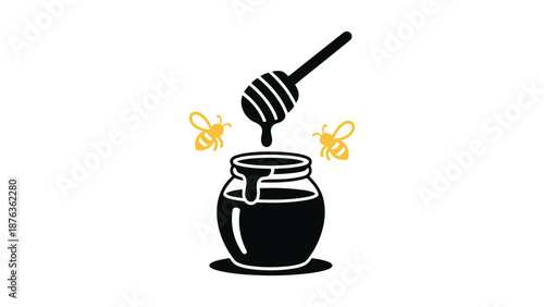 A honey dipper drips honey into a jar with two bees flying around it.