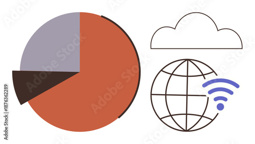 Data analytics, cloud storage, wireless connectivity, global communication, internet services, data sharing. A pie chart, a cloud icon and a globe with a wireless signal. Data analytics and cloud