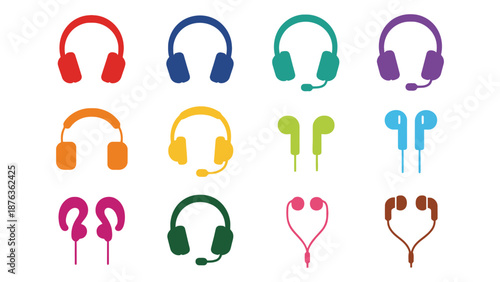 A collection of colorful headphones and earbuds are displayed against a white background.