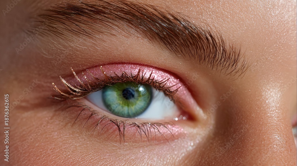 Obraz premium Ethereal Gaze: A close-up shot of a captivating eye, with enchanting green iris, accentuated by delicate eyelashes and expertly applied makeup, hinting at an intriguing tale.