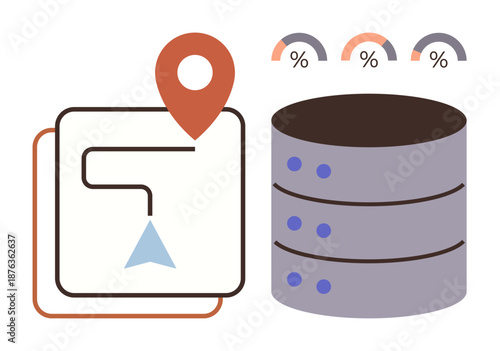 Location tracking, data storage, database management, analytics, navigation systems, technology concepts. map icon, database and analytics. Location tracking and data storage