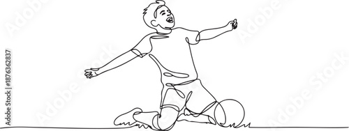 One continuous line drawing of young sporty soccer player sliding on the field emotionally after scoring a goal. Match goal scoring celebration concept. one line Icon drawing
