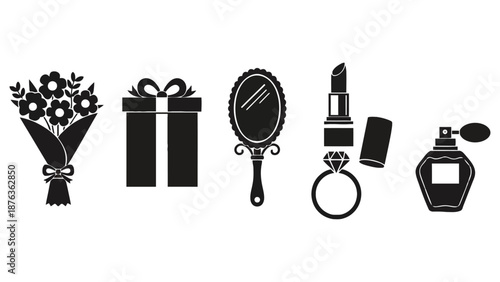 A collection of icons representing gifts, beauty, and celebration.