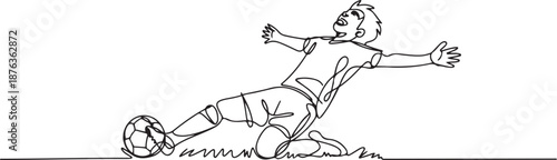 One continuous line drawing of young sporty soccer player sliding on the field emotionally after scoring a goal. Match goal scoring celebration concept. one line Icon drawing