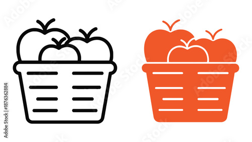 Two icons of a basket filled with apples, one in outline and one in solid orange.