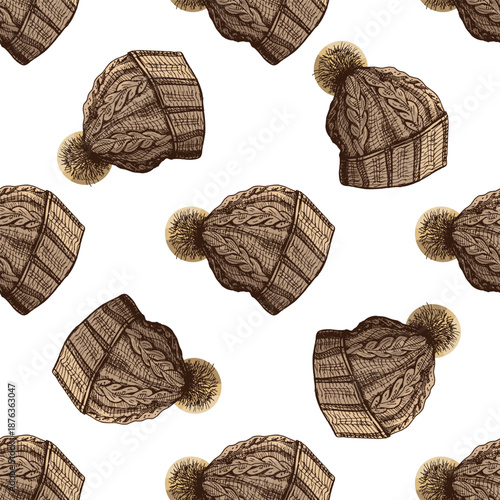 Hand drawn vintage seamless pattern of knitted winter hat with pompom in brown color version, isolated vector background