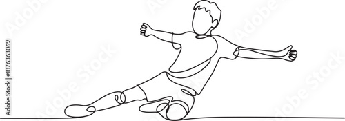 One continuous line drawing of young sporty soccer player sliding on the field emotionally after scoring a goal. Match goal scoring celebration concept. one line Icon drawing