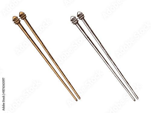Hand drawn vintage sketch of wooden knitting needles in color and monochrome version, isolated vector illustration