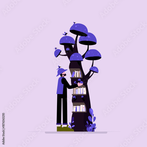 Whimsical Illustration of a Person with Books Under a Purple Tree