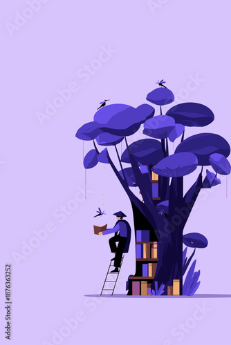 Whimsical Illustration of a Person with Books Under a Purple Tree