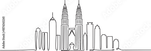 One single line drawing of Kuala Lumpur city skyline, Malaysia. Historical town landscape in the world. Best holiday destination. one line Icon drawing