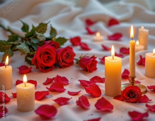 Romantic Valentine's Day Scene: Candles, Roses, and Petals on White Fabric for Love and Celebration