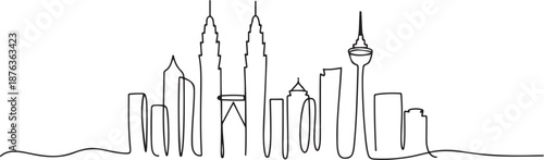 One single line drawing of Kuala Lumpur city skyline, Malaysia. Historical town landscape in the world. Best holiday destination. one line Icon drawing