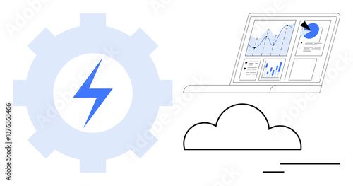 Cloud computing, data management, analytics, automation, performance monitoring, technology. Gear with lightning bolt, cloud graphic and data graphs on a laptop. Cloud computing and data management